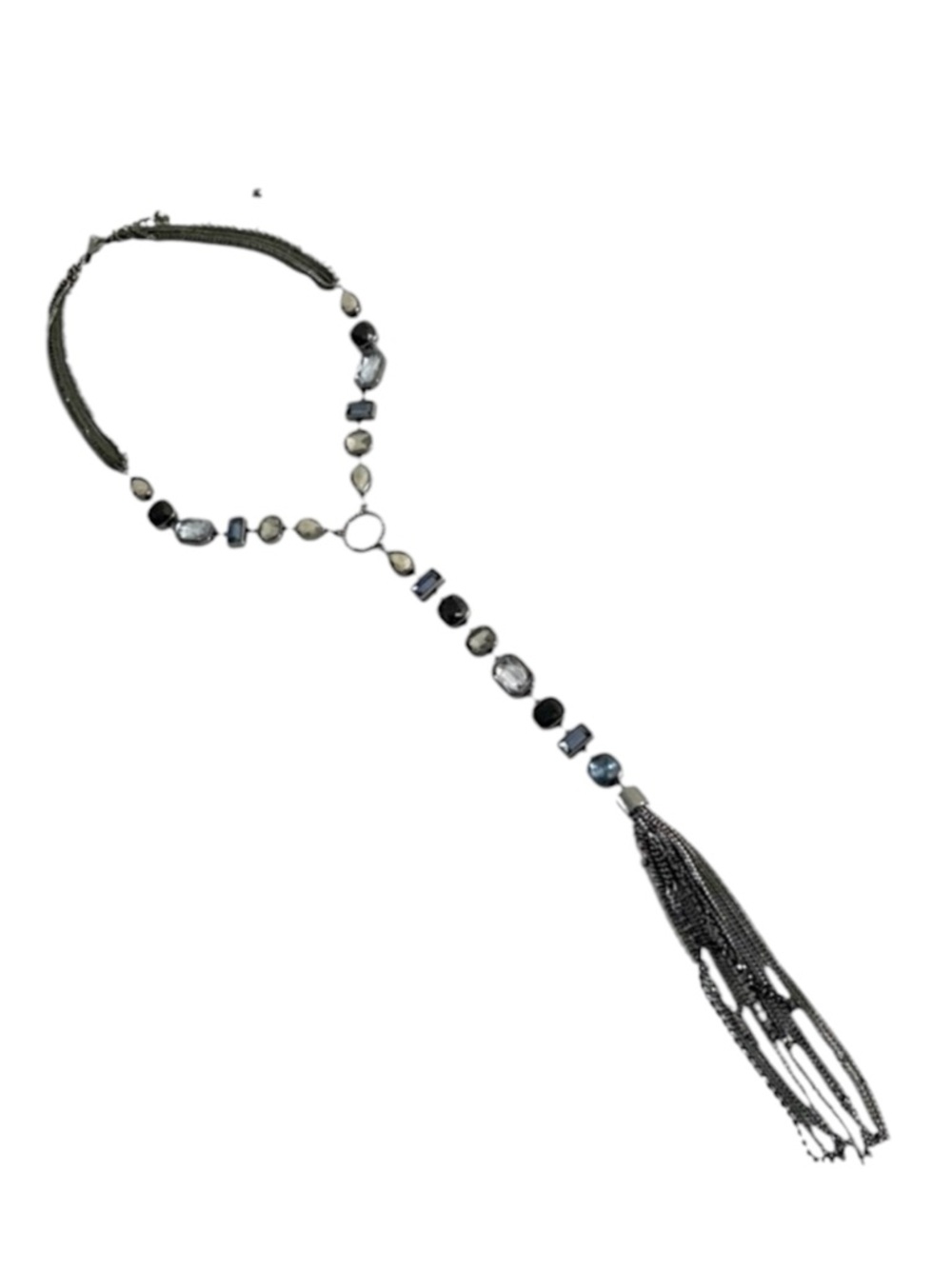 WHBM Necklace Crystal & Bead Tassel Chain Blue Black Silver Gold